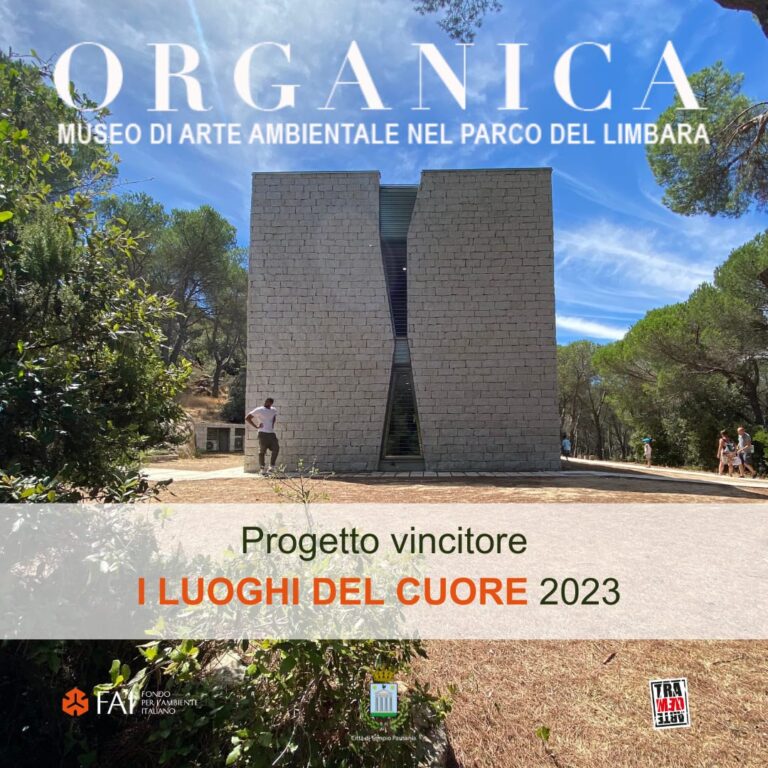 un edificio di pietra dalle forme moderne con un'apertura vetrata sinuosa, tra gli alberi e sotto un cielo azzurro